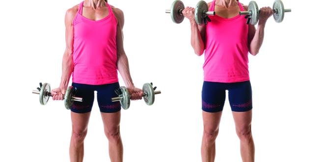 Side-by-side images of a lady working out with dumbbells