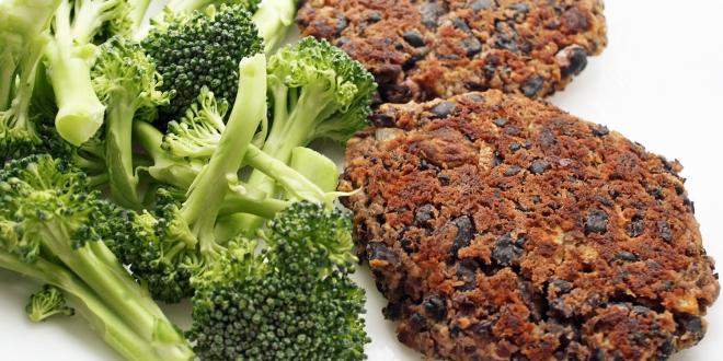 black bean patties with a side of broccoli